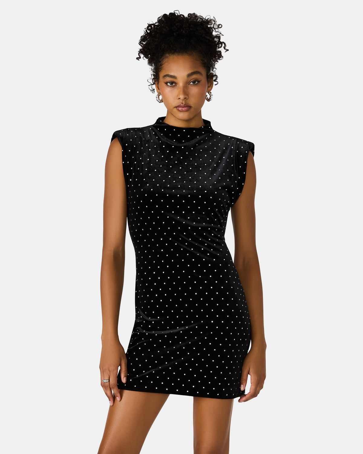 Steve Madden ASTORIA Black Rhinestone Embellished Velvet Shoulder Pads Bodycon Mini Women's Dress