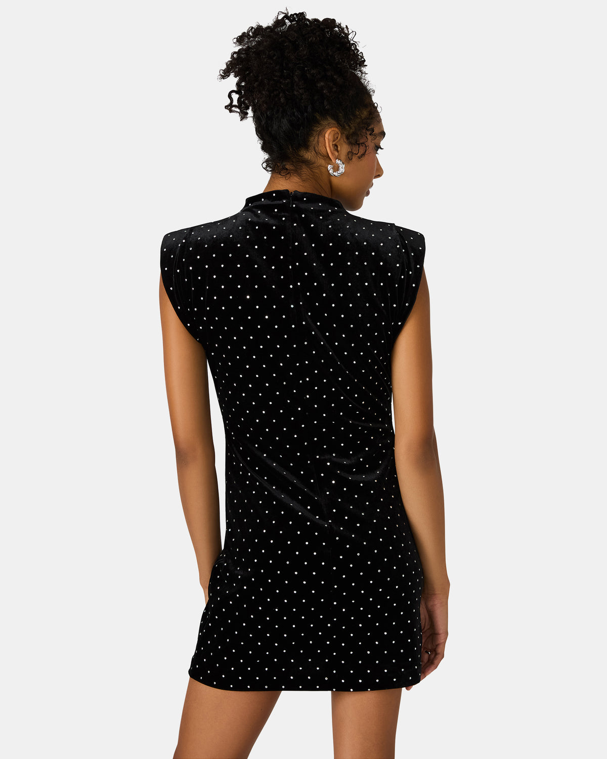 Steve Madden ASTORIA Black Rhinestone Embellished Velvet Shoulder Pads Bodycon Mini Women's Dress