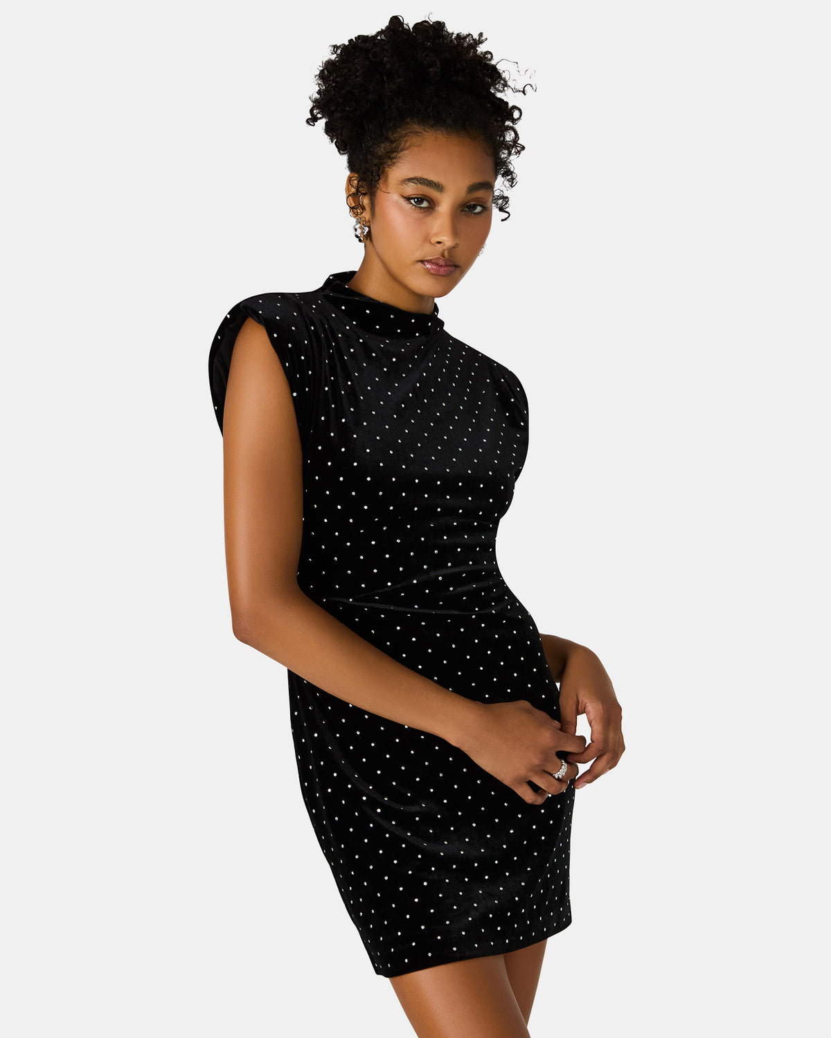 Steve Madden ASTORIA Black Rhinestone Embellished Velvet Shoulder Pads Bodycon Mini Women's Dress