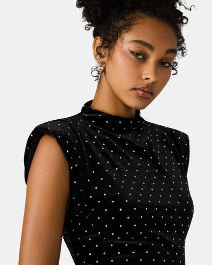 Steve Madden ASTORIA Black Rhinestone Embellished Velvet Shoulder Pads Bodycon Mini Women's Dress