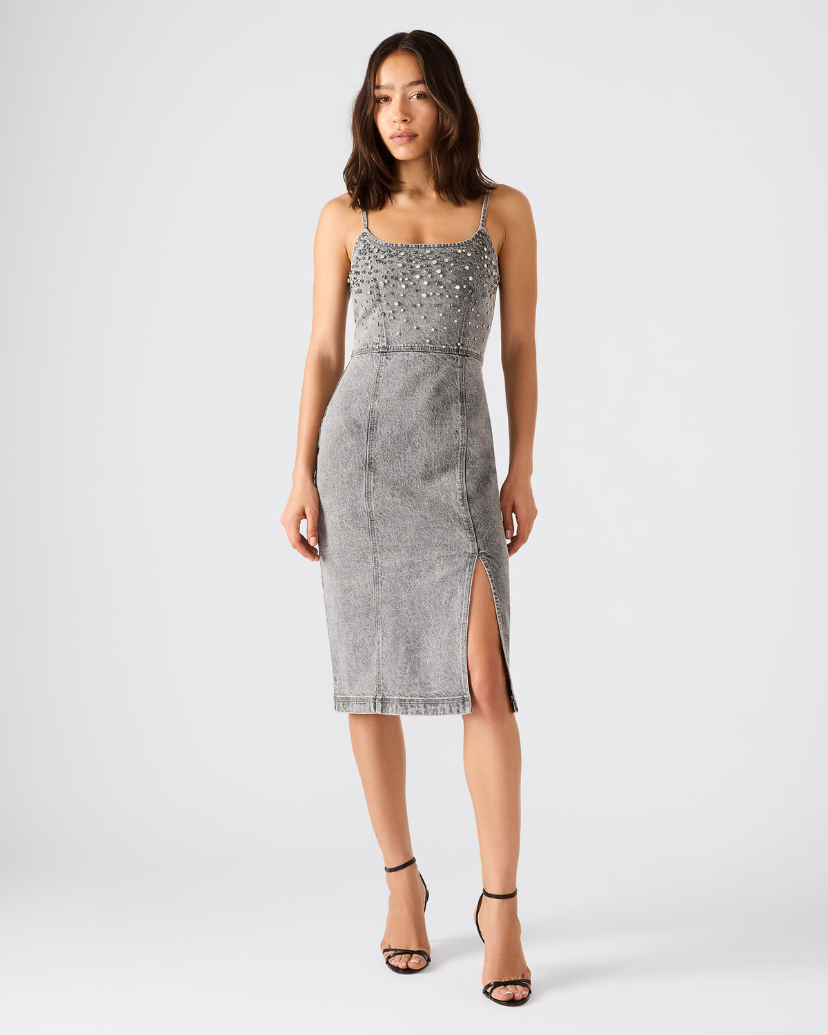 Steve Madden EMBELLISHED GISELLE Fog Denim Midi Women's Dress with Slit