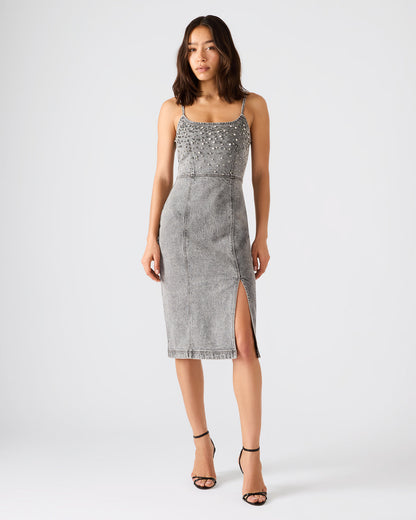Steve Madden EMBELLISHED GISELLE Fog Denim Midi Women's Dress with Slit