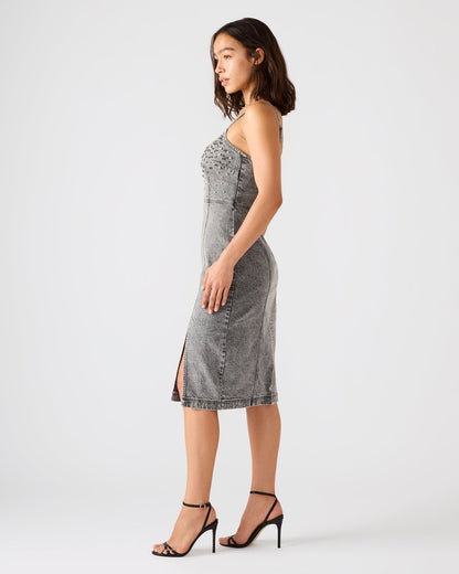 Steve Madden EMBELLISHED GISELLE Fog Denim Midi Women's Dress with Slit