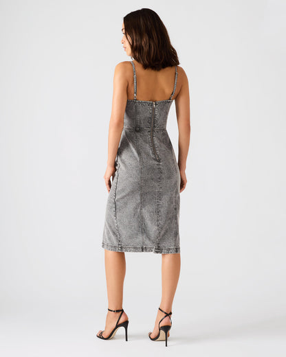 Steve Madden EMBELLISHED GISELLE Fog Denim Midi Women's Dress with Slit