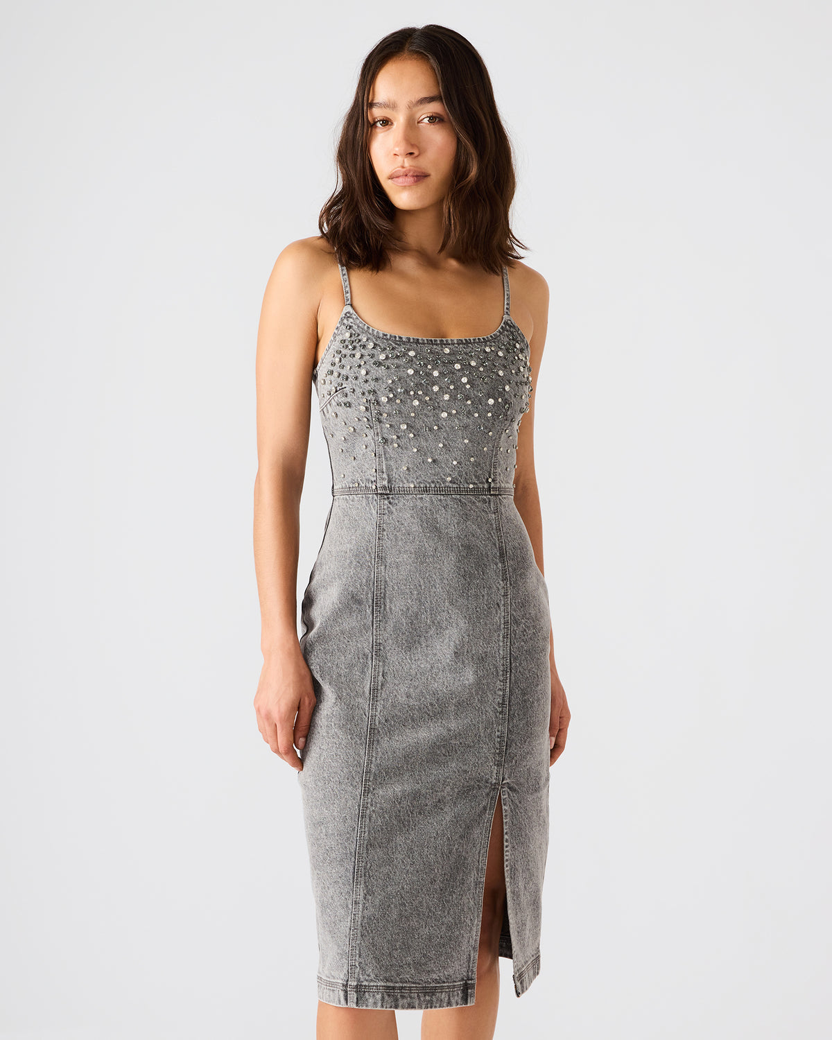 Steve Madden EMBELLISHED GISELLE Fog Denim Midi Women's Dress with Slit