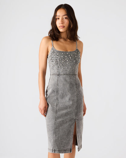 Steve Madden EMBELLISHED GISELLE Fog Denim Midi Women's Dress with Slit