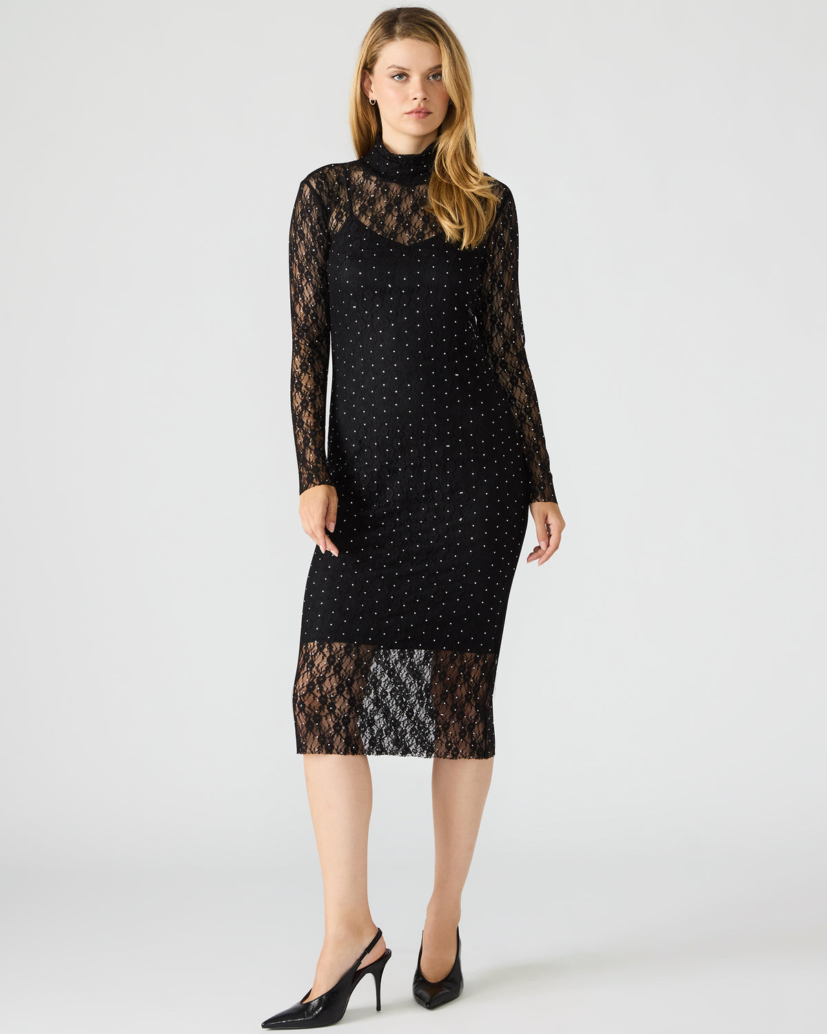 Steve Madden VIVIENNE Black Studded Lace Women's Mock Neck Midi Dress