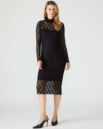 Steve Madden VIVIENNE Black Studded Lace Women's Mock Neck Midi Dress