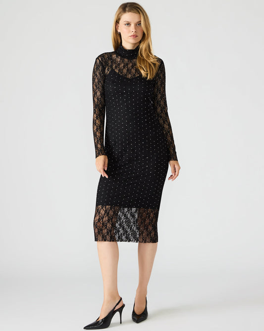 Steve Madden VIVIENNE Black Studded Lace Women's Mock Neck Midi Dress