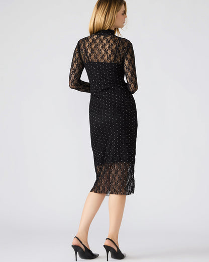 Steve Madden VIVIENNE Black Studded Lace Women's Mock Neck Midi Dress