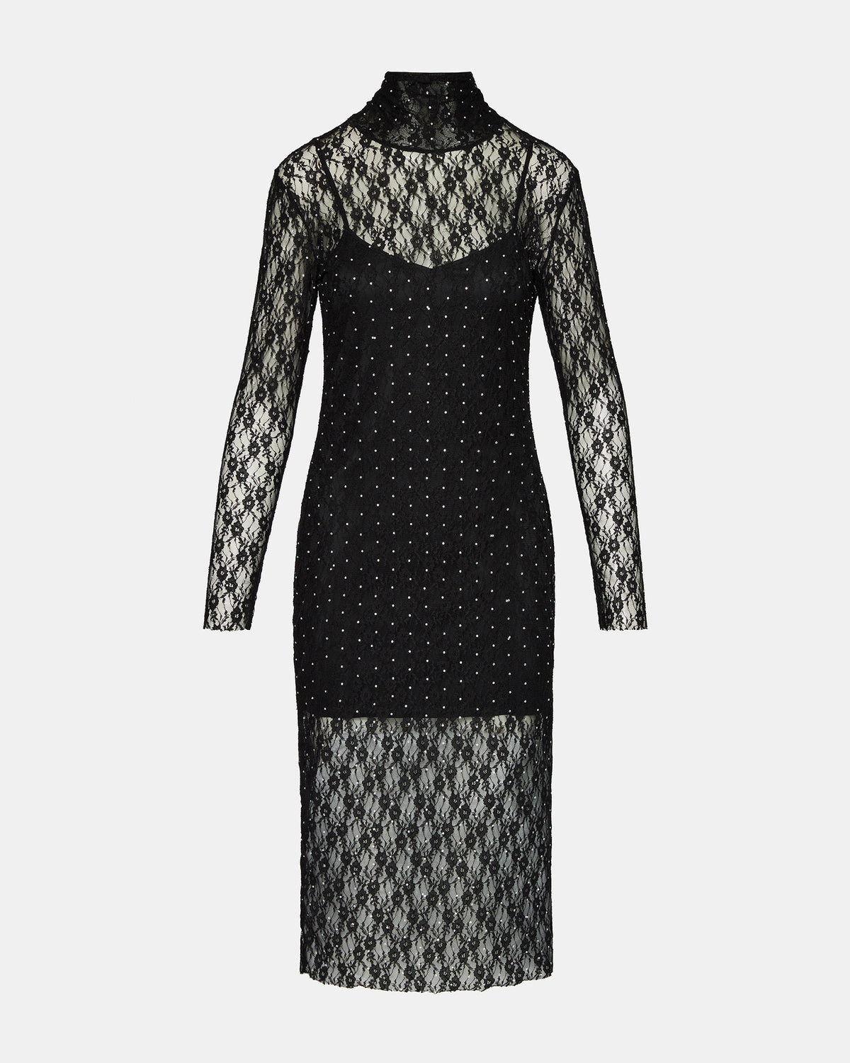 Steve Madden VIVIENNE Black Studded Lace Women's Mock Neck Midi Dress