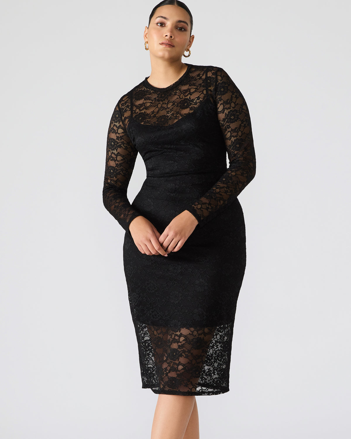 Steve Madden HAILEE Lace Black Long-Sleeved Mesh Pull-On Mock Neck Midi Women's Dress