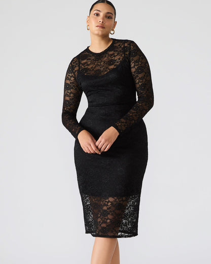 Steve Madden HAILEE Lace Black Long-Sleeved Mesh Pull-On Mock Neck Midi Women's Dress