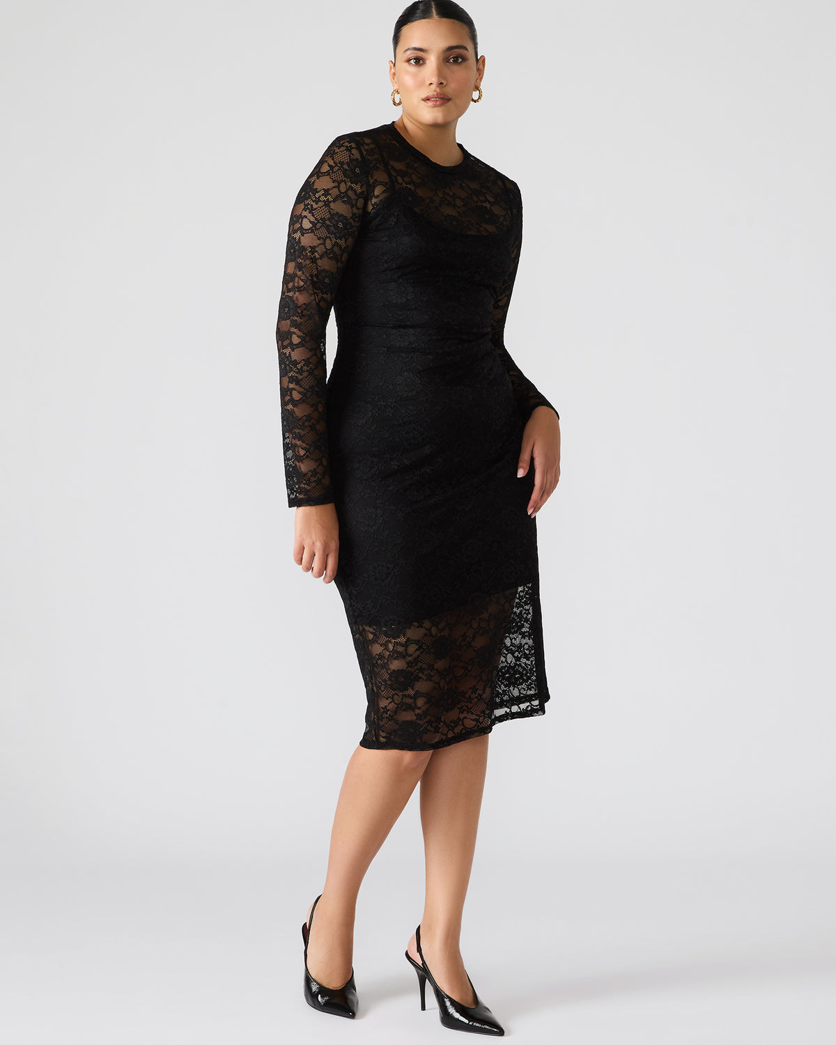 Steve Madden HAILEE Lace Black Long-Sleeved Mesh Pull-On Mock Neck Midi Women's Dress