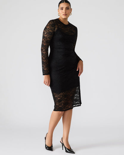Steve Madden HAILEE Lace Black Long-Sleeved Mesh Pull-On Mock Neck Midi Women's Dress