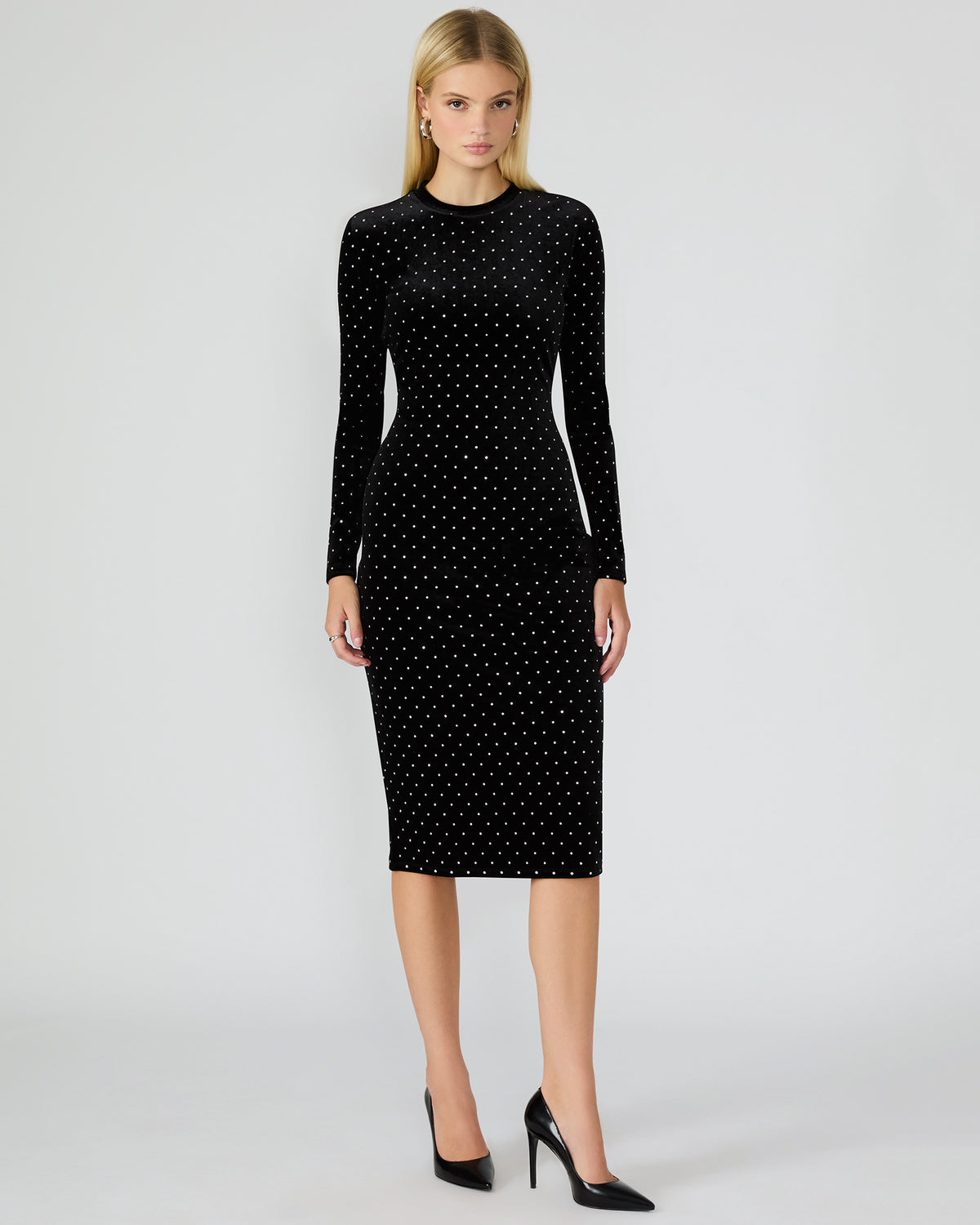 Steve Madden HAILEE Black Studded Velvet Long-Sleeved Pull-On Mock Neck Midi Women's Dress