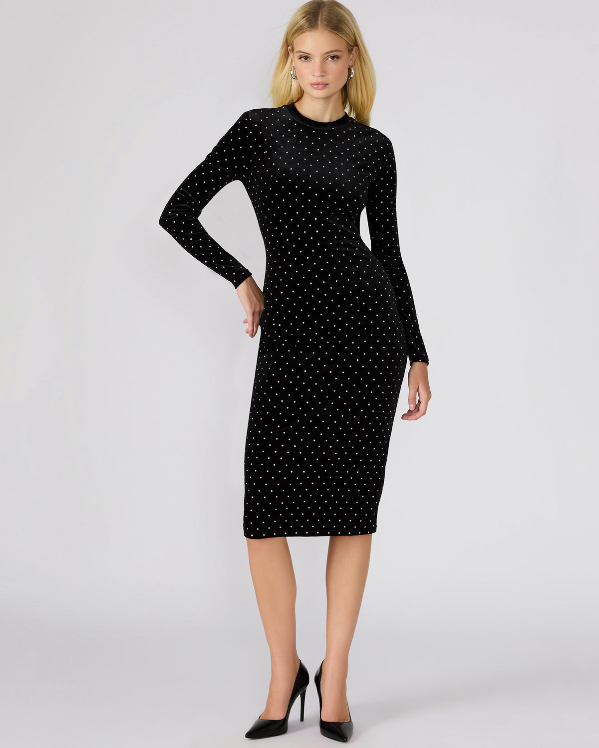 Steve Madden HAILEE Black Studded Velvet Long-Sleeved Pull-On Mock Neck Midi Women's Dress