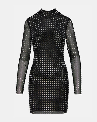 Steve Madden KRISTA Black Women's Long-Sleeved Bodycon Rhinestone Mini Dress