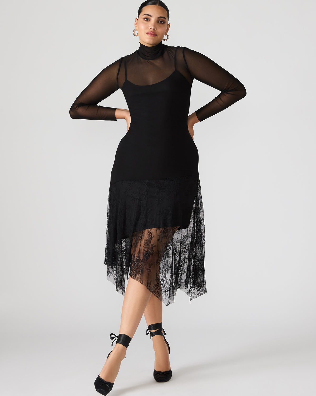 Steve Madden SILAS Black Long-Sleeved Mesh Lace Overylay Flowy Women's Dress