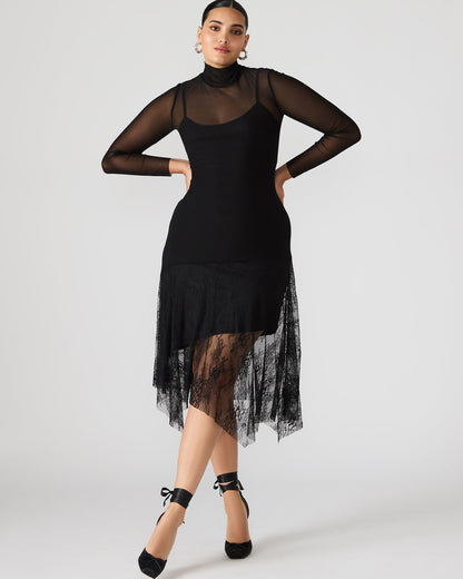 Steve Madden SILAS Black Long-Sleeved Mesh Lace Overylay Flowy Women's Dress