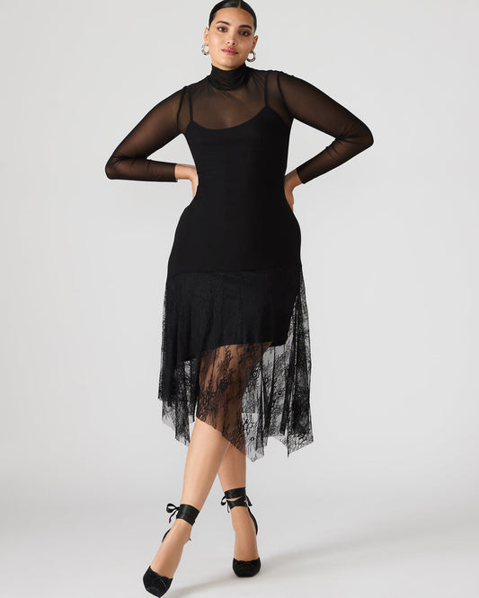 Steve Madden SILAS Black Long-Sleeved Mesh Lace Overylay Flowy Women's Dress