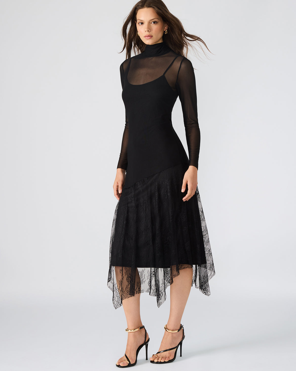 Steve Madden SILAS Black Long-Sleeved Mesh Lace Overylay Flowy Women's Dress