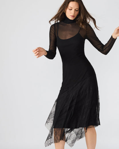 Steve Madden SILAS Black Long-Sleeved Mesh Lace Overylay Flowy Women's Dress