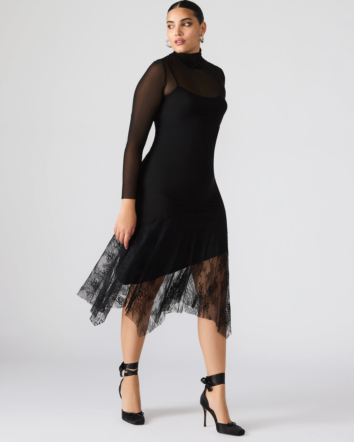 Steve Madden SILAS Black Long-Sleeved Mesh Lace Overylay Flowy Women's Dress