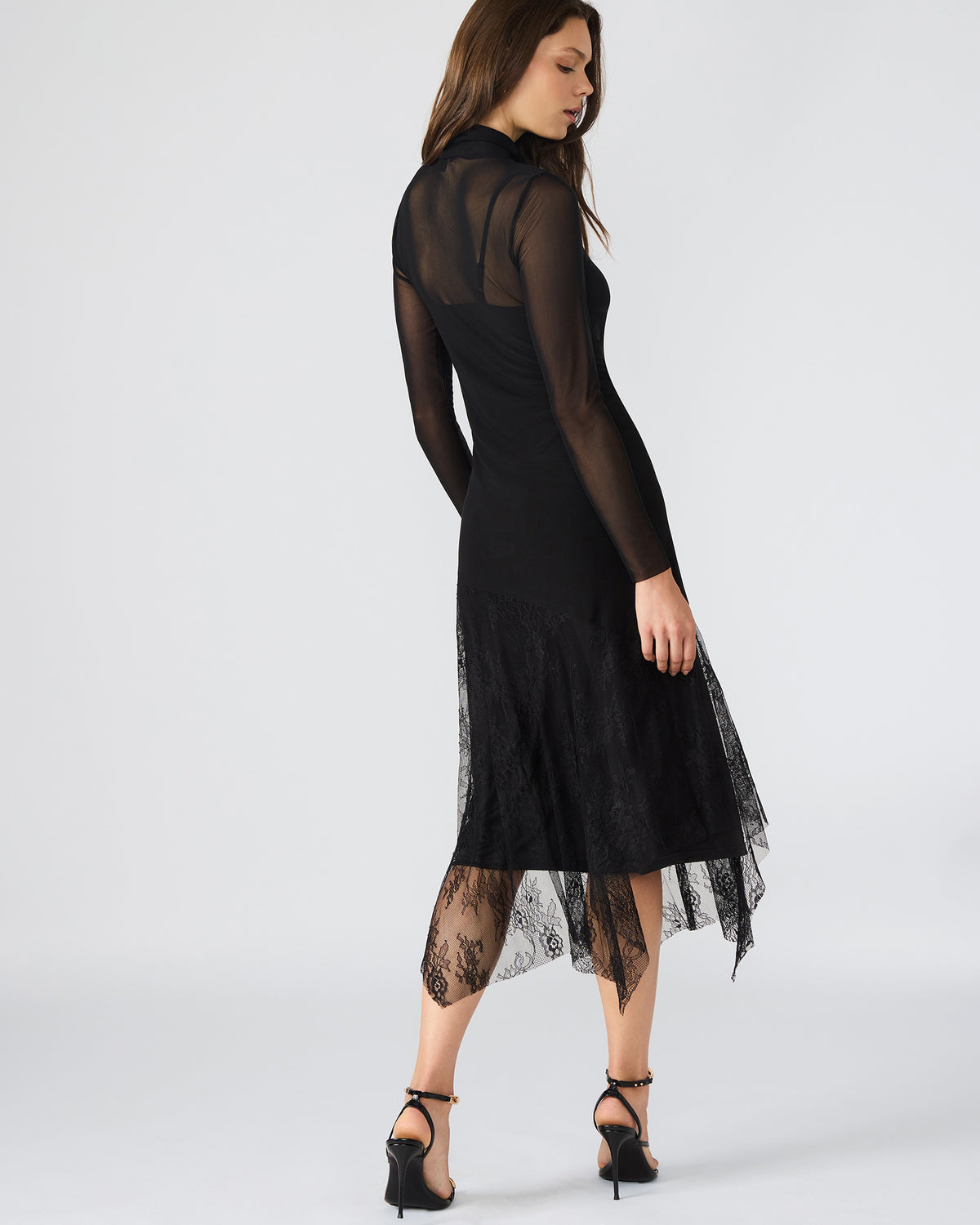 Steve Madden SILAS Black Long-Sleeved Mesh Lace Overylay Flowy Women's Dress