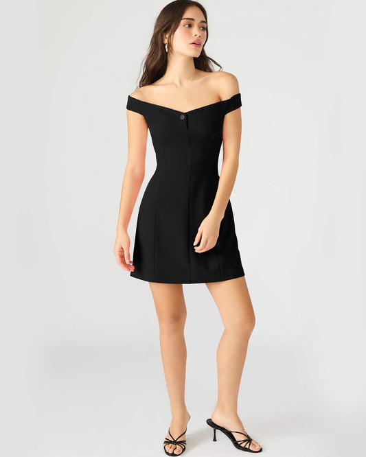 Steve Madden YANA Black Off-The-Shoulder Pleated Women's Dress