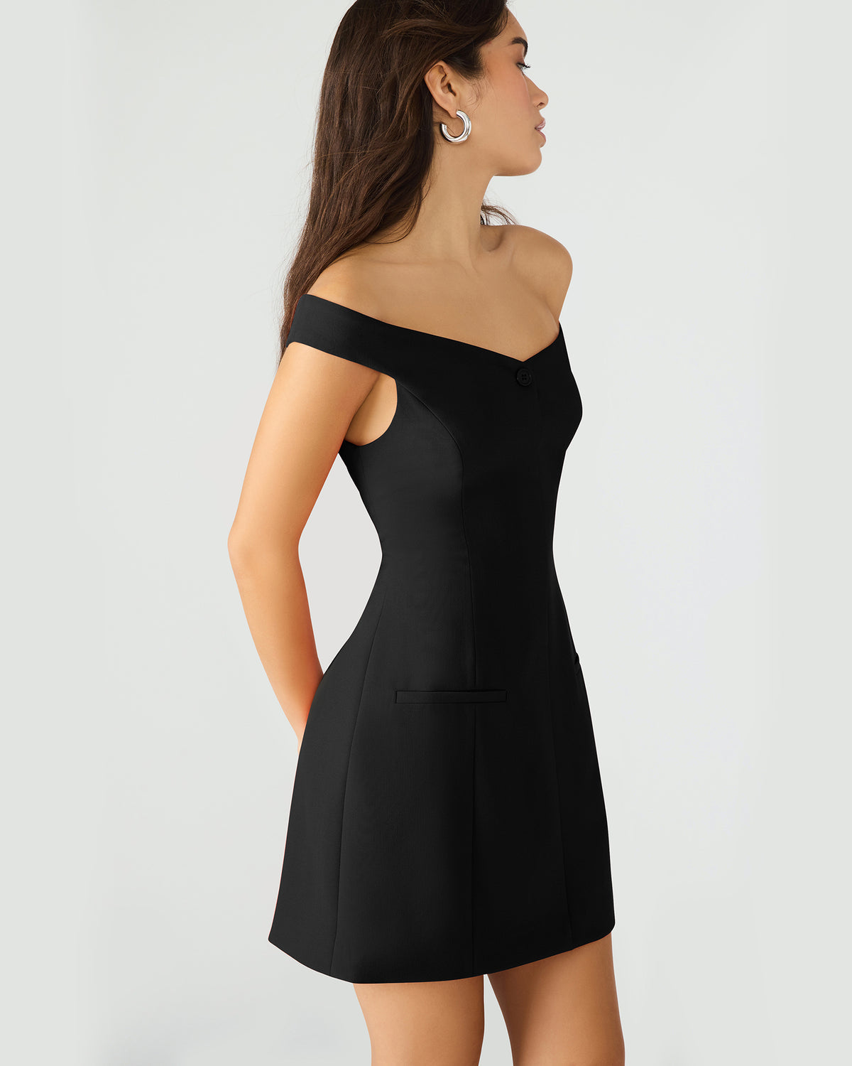 Steve Madden YANA Black Off-The-Shoulder Pleated Women's Dress