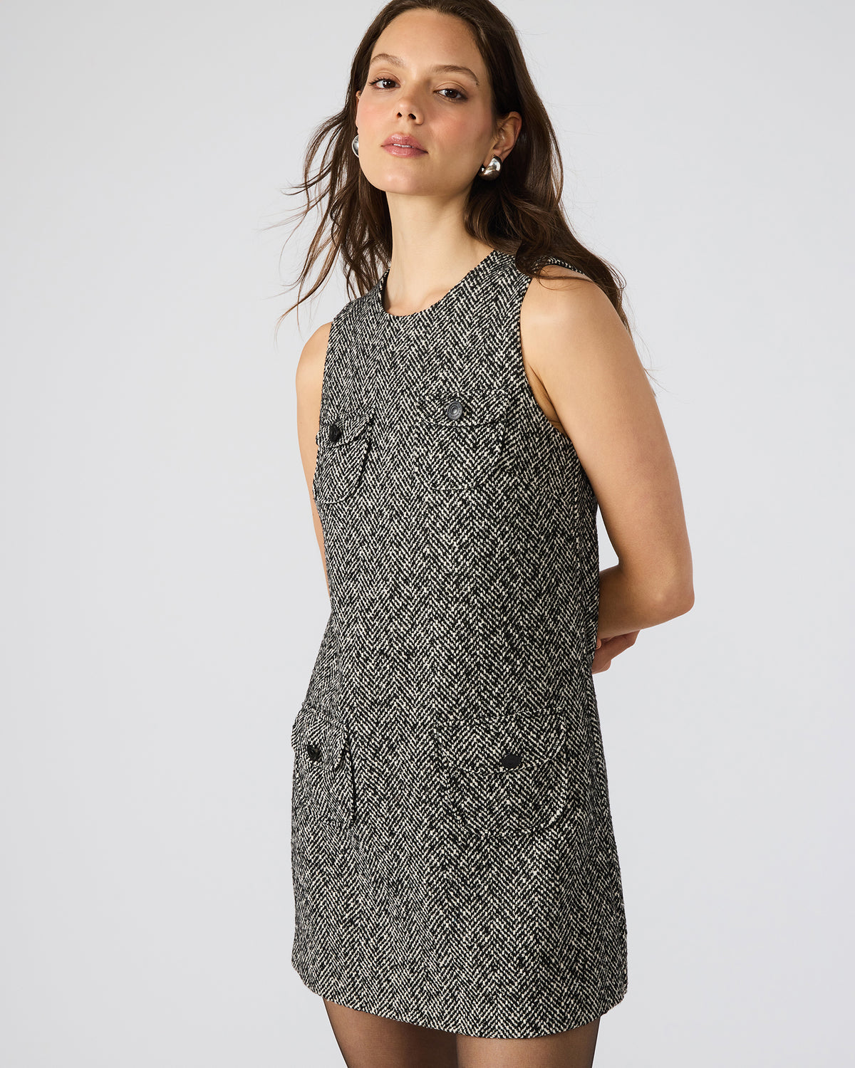 Steve Madden LOUIE Black/White Sleeveless Tweed Mini Women's Dress
