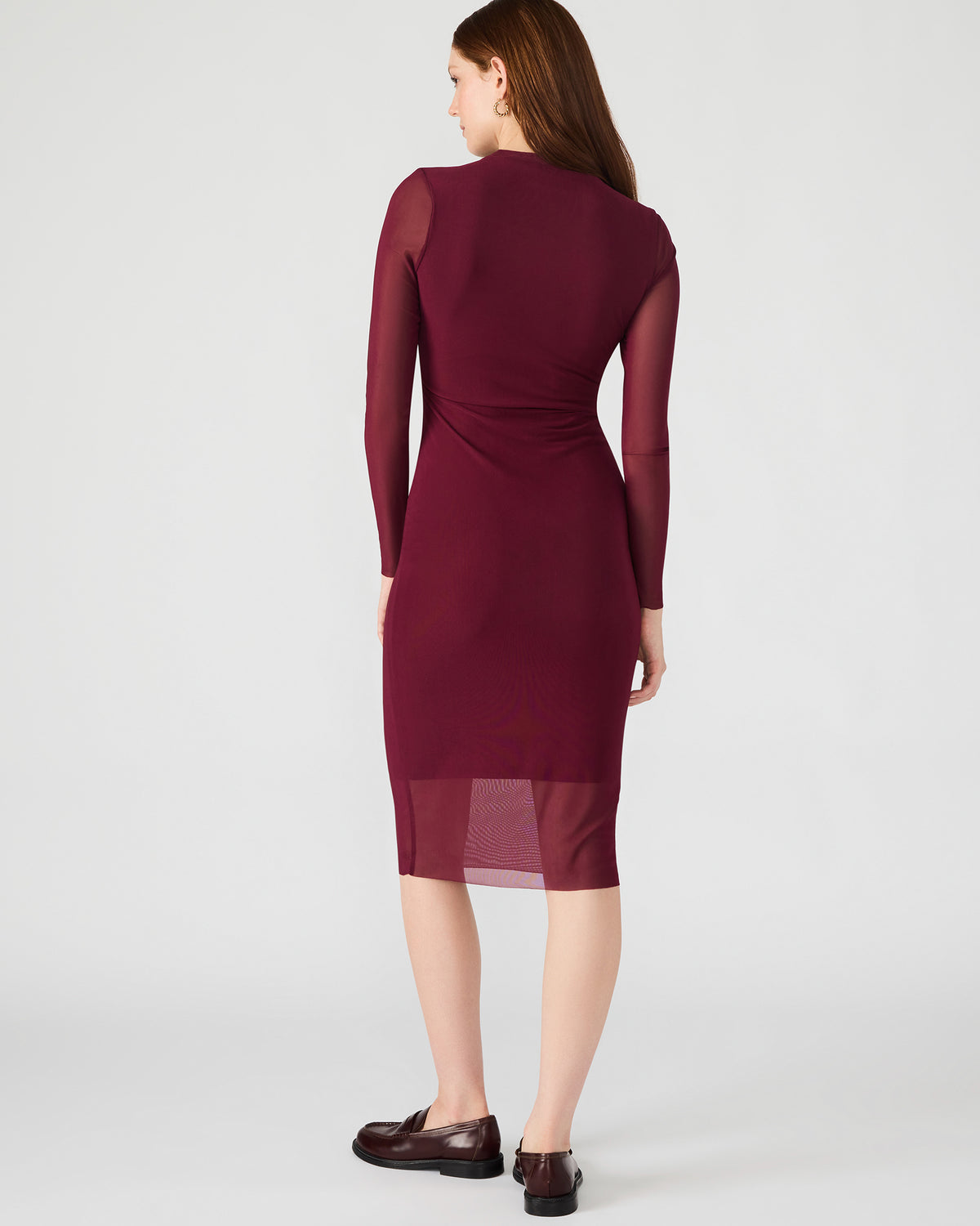 Steve Madden HAILEE Wine Long-Sleeved Mesh Pull-On Mock Neck Midi Women's Dress