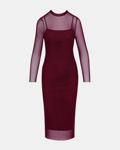 Steve Madden HAILEE Wine Long-Sleeved Mesh Pull-On Mock Neck Midi Women's Dress