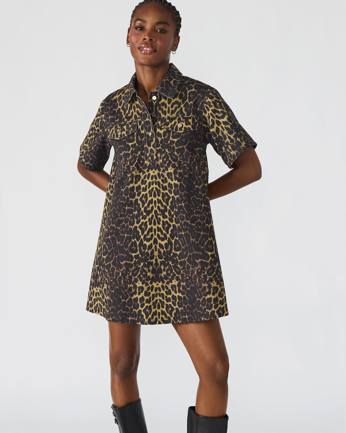 Steve Madden FREDDY Hot Spots Print Short-Sleeved Denim Button-Up Mini Women's Dress