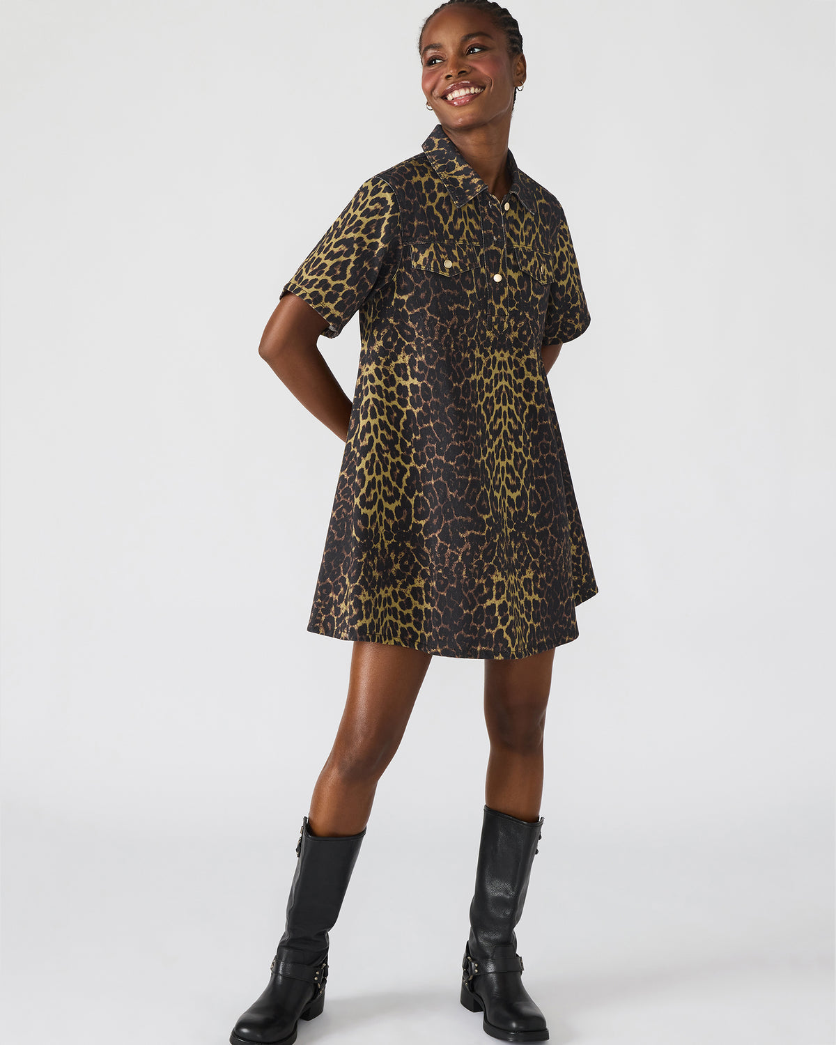 Steve Madden FREDDY Hot Spots Print Short-Sleeved Denim Button-Up Mini Women's Dress