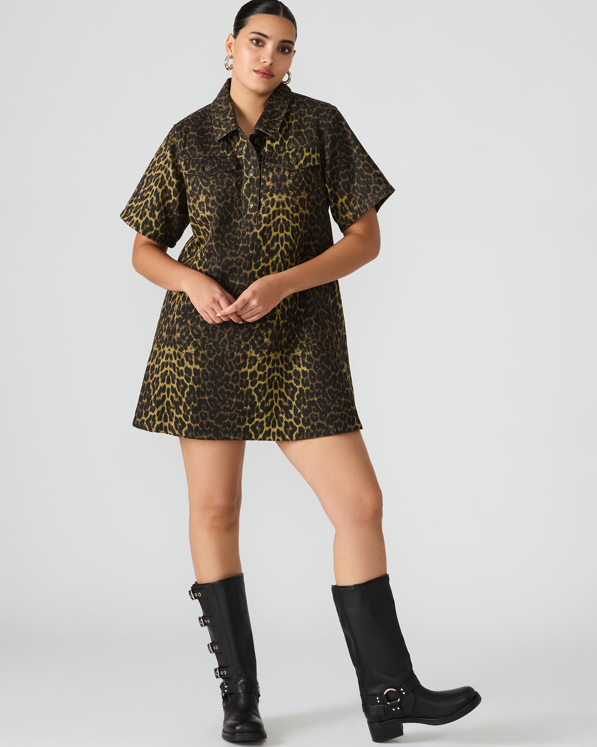 Steve Madden FREDDY Hot Spots Print Short-Sleeved Denim Button-Up Mini Women's Dress