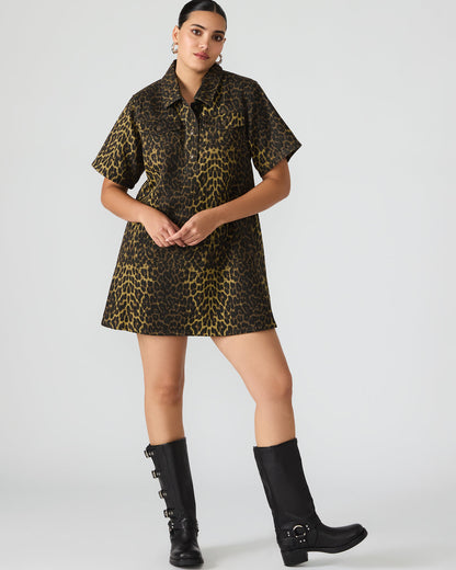 Steve Madden FREDDY Hot Spots Print Short-Sleeved Denim Button-Up Mini Women's Dress