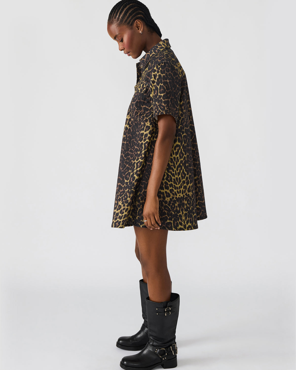 Steve Madden FREDDY Hot Spots Print Short-Sleeved Denim Button-Up Mini Women's Dress