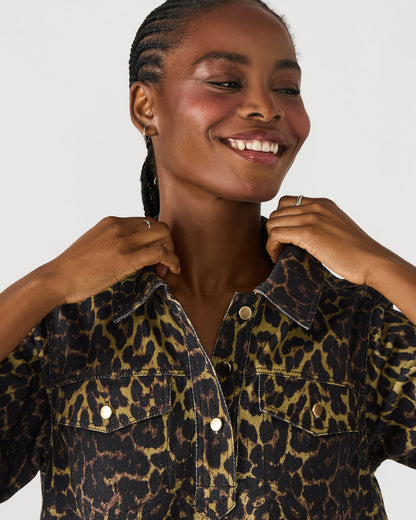 Steve Madden FREDDY Hot Spots Print Short-Sleeved Denim Button-Up Mini Women's Dress