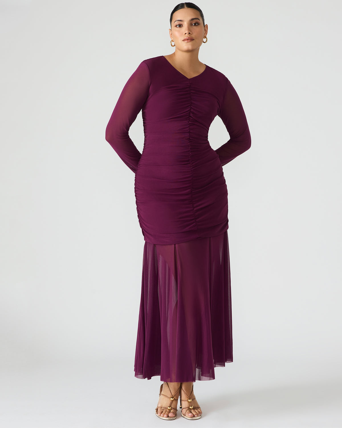 Steve Madden KIARA Beet Long-Sleeved Maxi Mesh Flowy Women's Dress