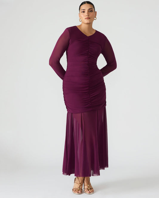 Steve Madden KIARA Beet Long-Sleeved Maxi Mesh Flowy Women's Dress