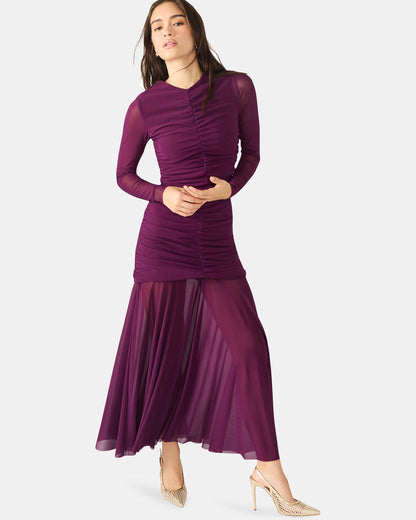 Steve Madden KIARA Beet Long-Sleeved Maxi Mesh Flowy Women's Dress