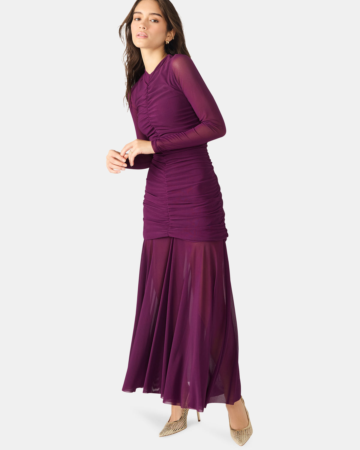 Steve Madden KIARA Beet Long-Sleeved Maxi Mesh Flowy Women's Dress