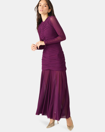 Steve Madden KIARA Beet Long-Sleeved Maxi Mesh Flowy Women's Dress