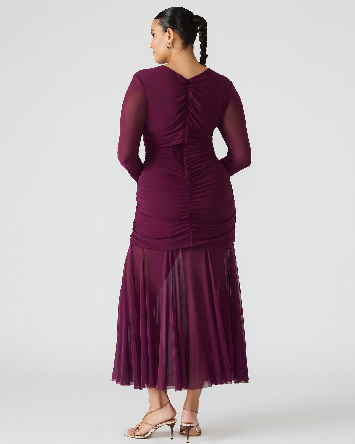 Steve Madden KIARA Beet Long-Sleeved Maxi Mesh Flowy Women's Dress