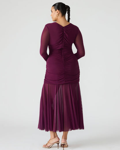 Steve Madden KIARA Beet Long-Sleeved Maxi Mesh Flowy Women's Dress