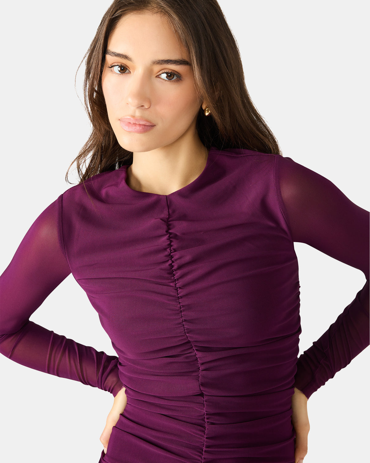Steve Madden KIARA Beet Long-Sleeved Maxi Mesh Flowy Women's Dress