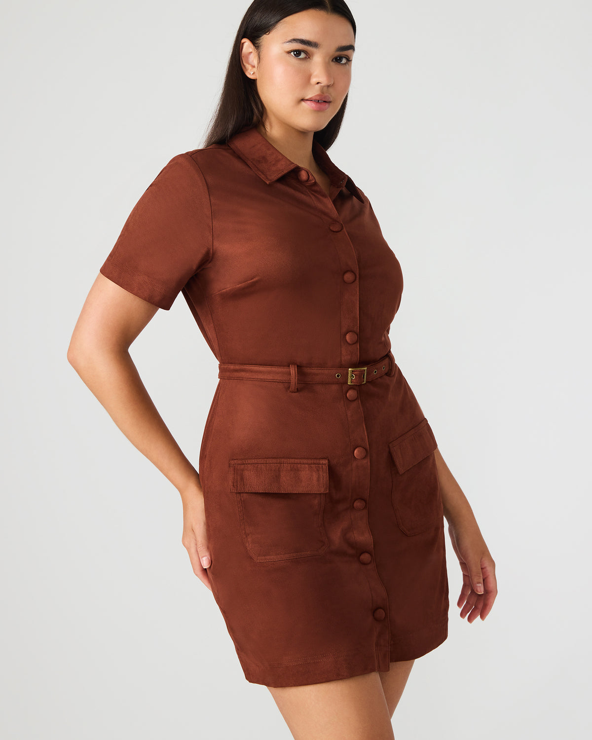 Steve Madden JOLIANA Dark Fig Short-Sleeved Mini Button-Up Women's Dress