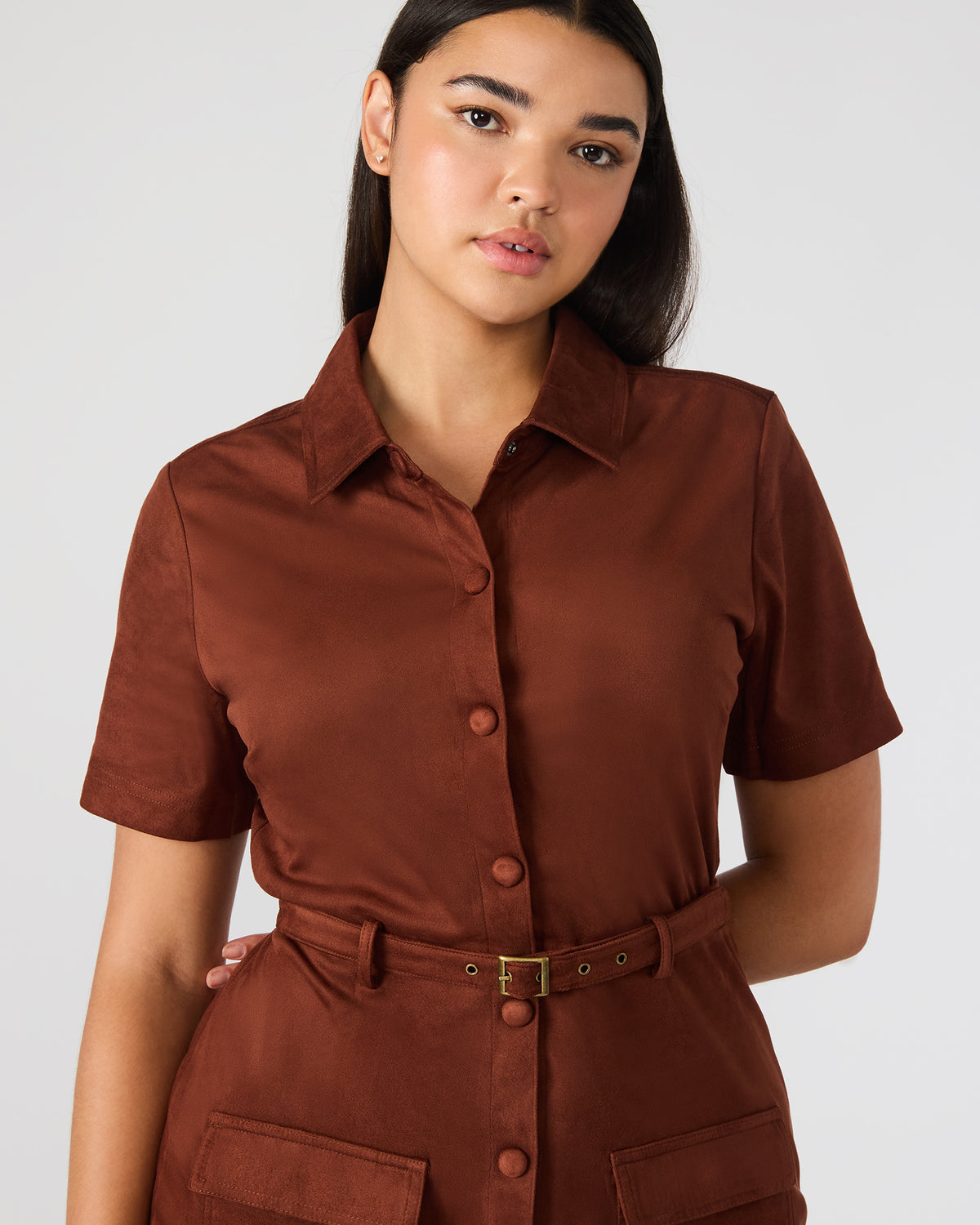 Steve Madden JOLIANA Dark Fig Short-Sleeved Mini Button-Up Women's Dress